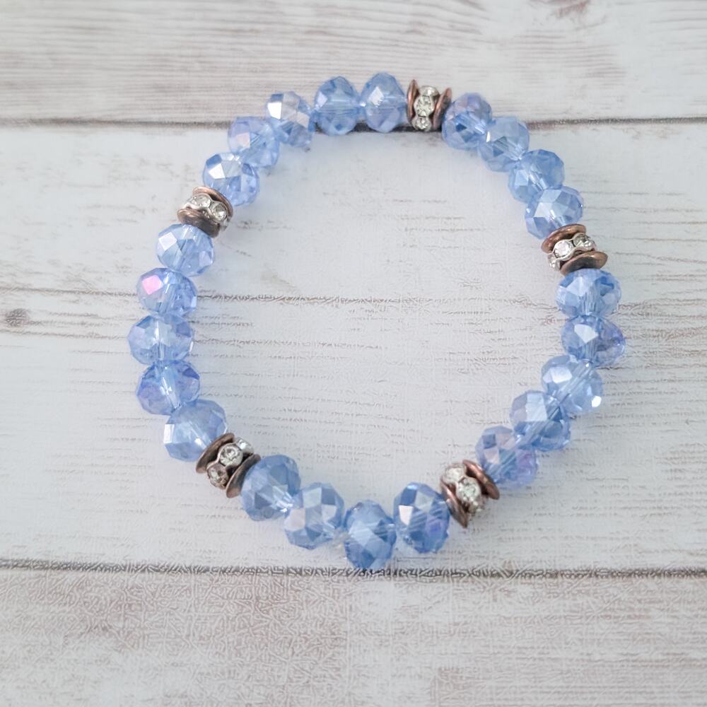 Blue Beads with Clear Gems/Metal Spacer Beads Stretch Bracelet